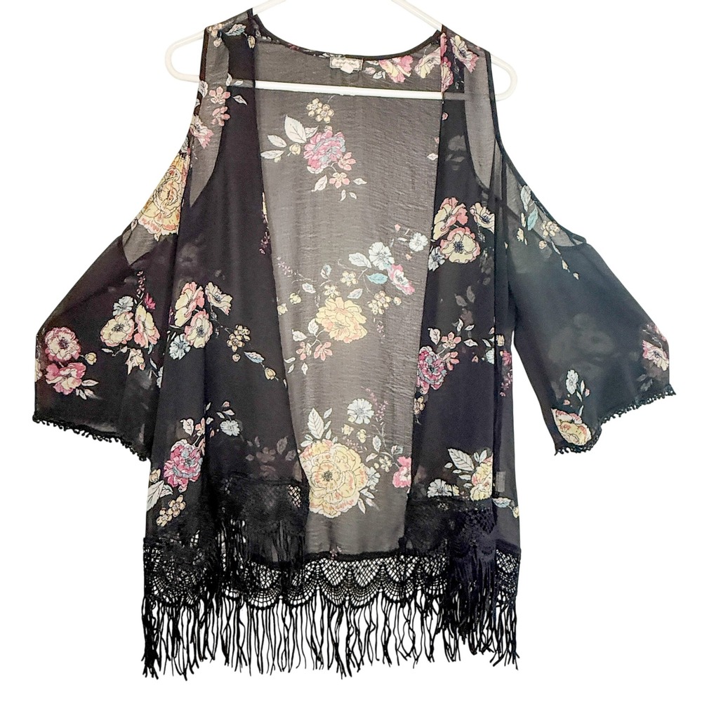 Eyeshadow Kimono Womens M Black Floral Sheer Fringe Cold Shoulder Boho